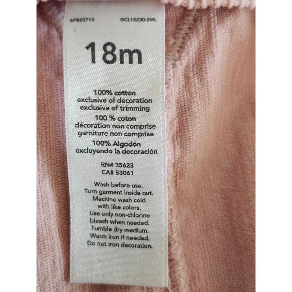 OshKosh B'gosh Pink Corduroy Overall Dress 18M Baby Girl Button Front Cotton